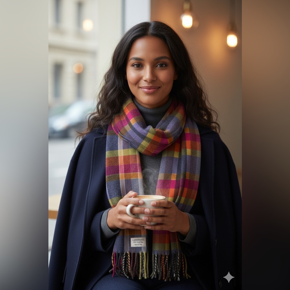 LAMBSWOOL 100% Pure Wool, Made in Italy Colorful Plaid  Scarf